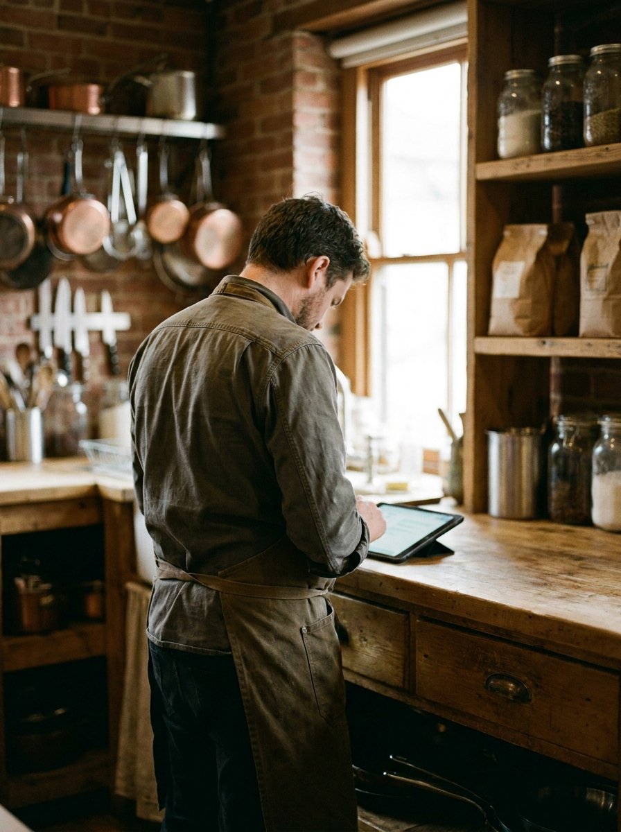 Ondernemer in een kleine restaurantkeuken bekijkt notities op een tablet