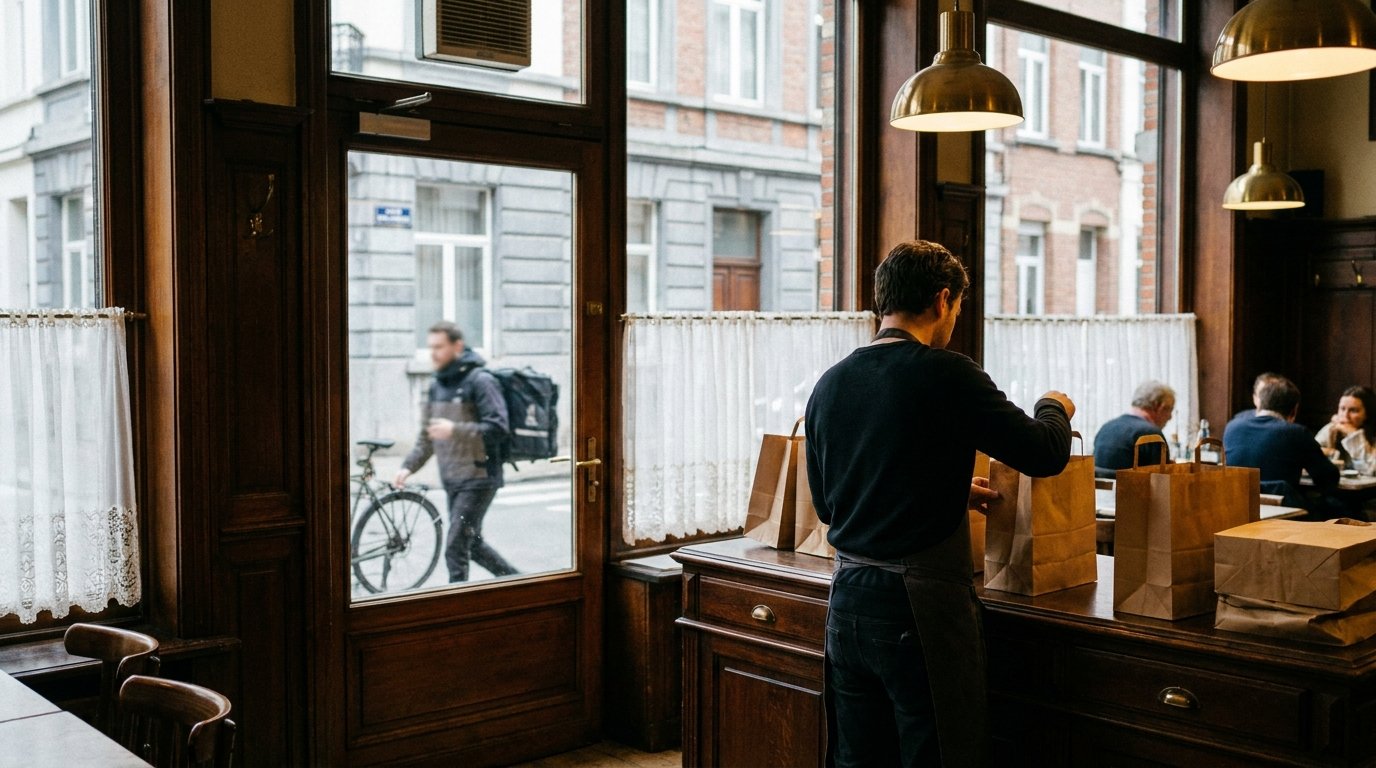 Belgische brasserie: een medewerker pakt bezorgtassen in aan de toog, buiten arriveert een fietskoerier