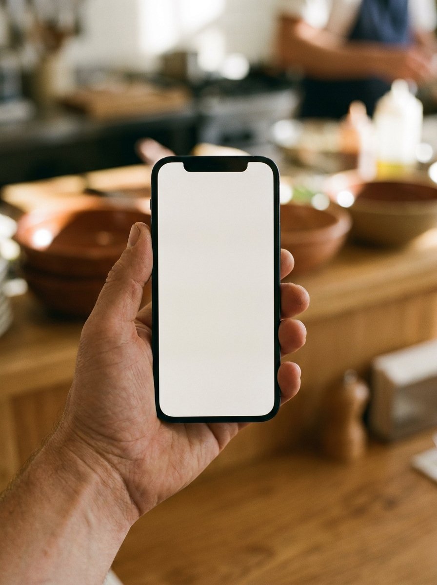 Hand met een smartphone in een restaurantkeuken, op het scherm het DeliveryIQ dagrapport